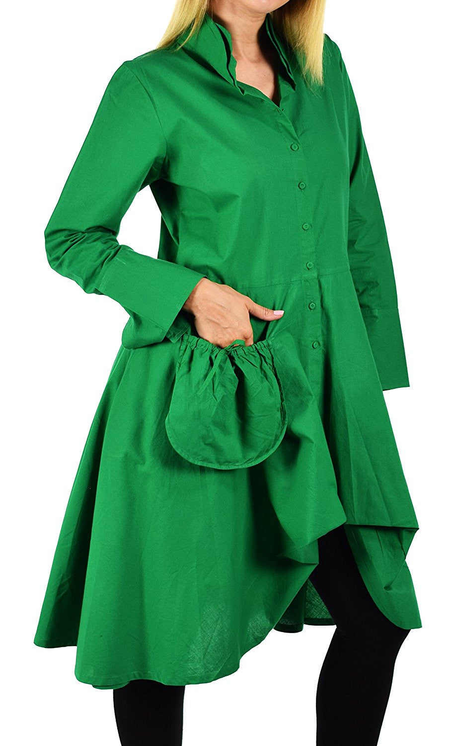 Hi Lo Banded Collar Button Down A Line Swing Dress Shirt Top