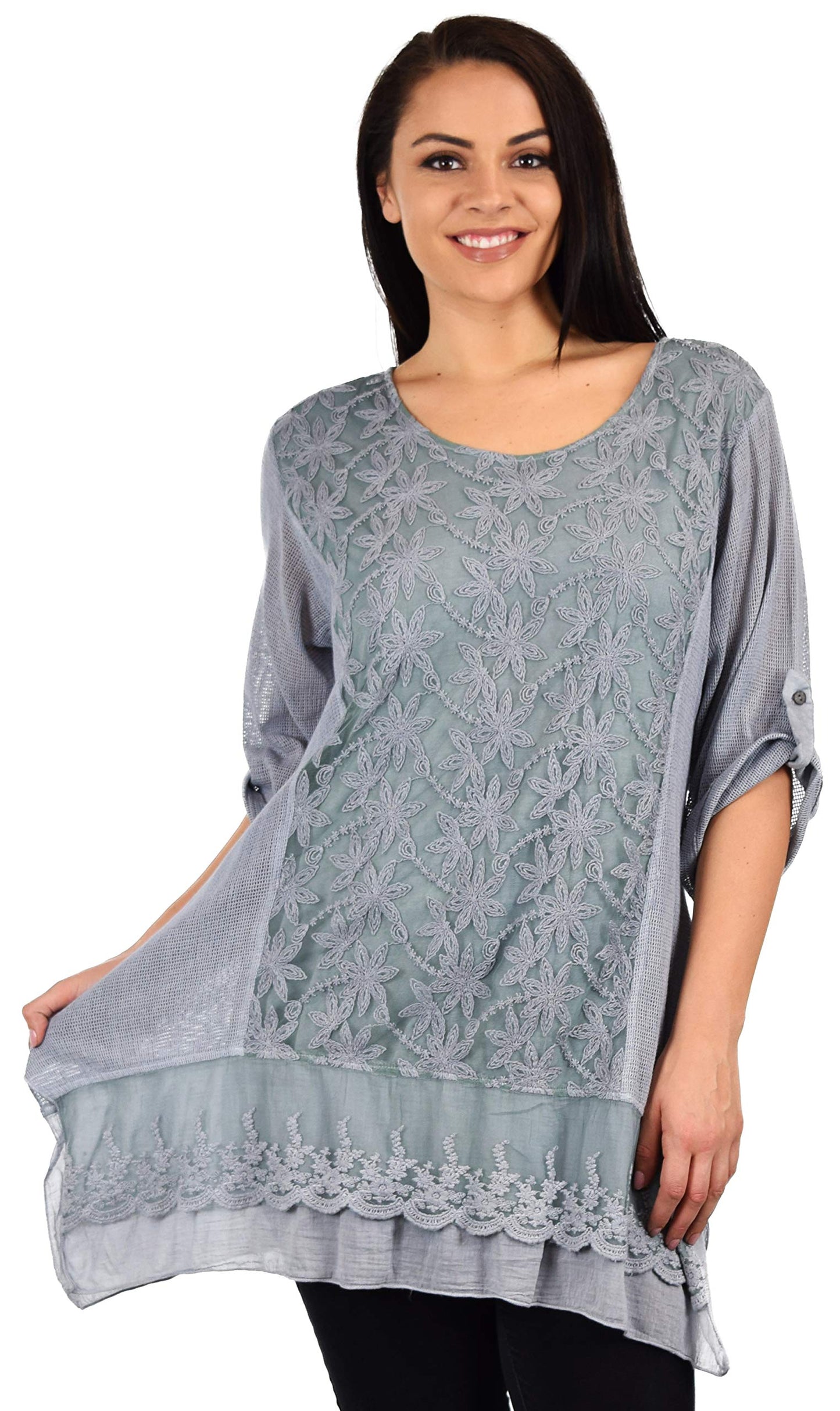 Zopali Women's Plus Size Netted Embroidered Lace Blouse Top w/Roll up Sleeves