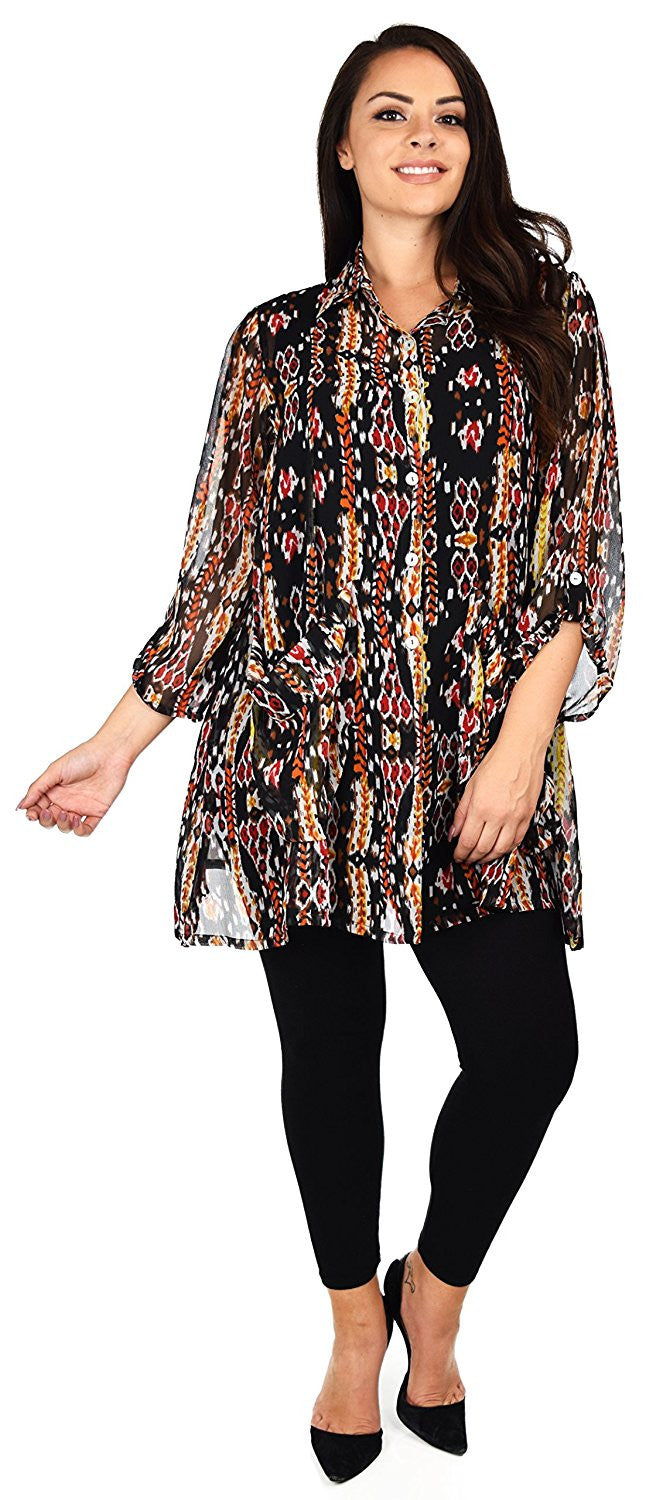 Button Down Semi-Sheer Tunic Blouse Shirt w/ Roll Up Sleeves