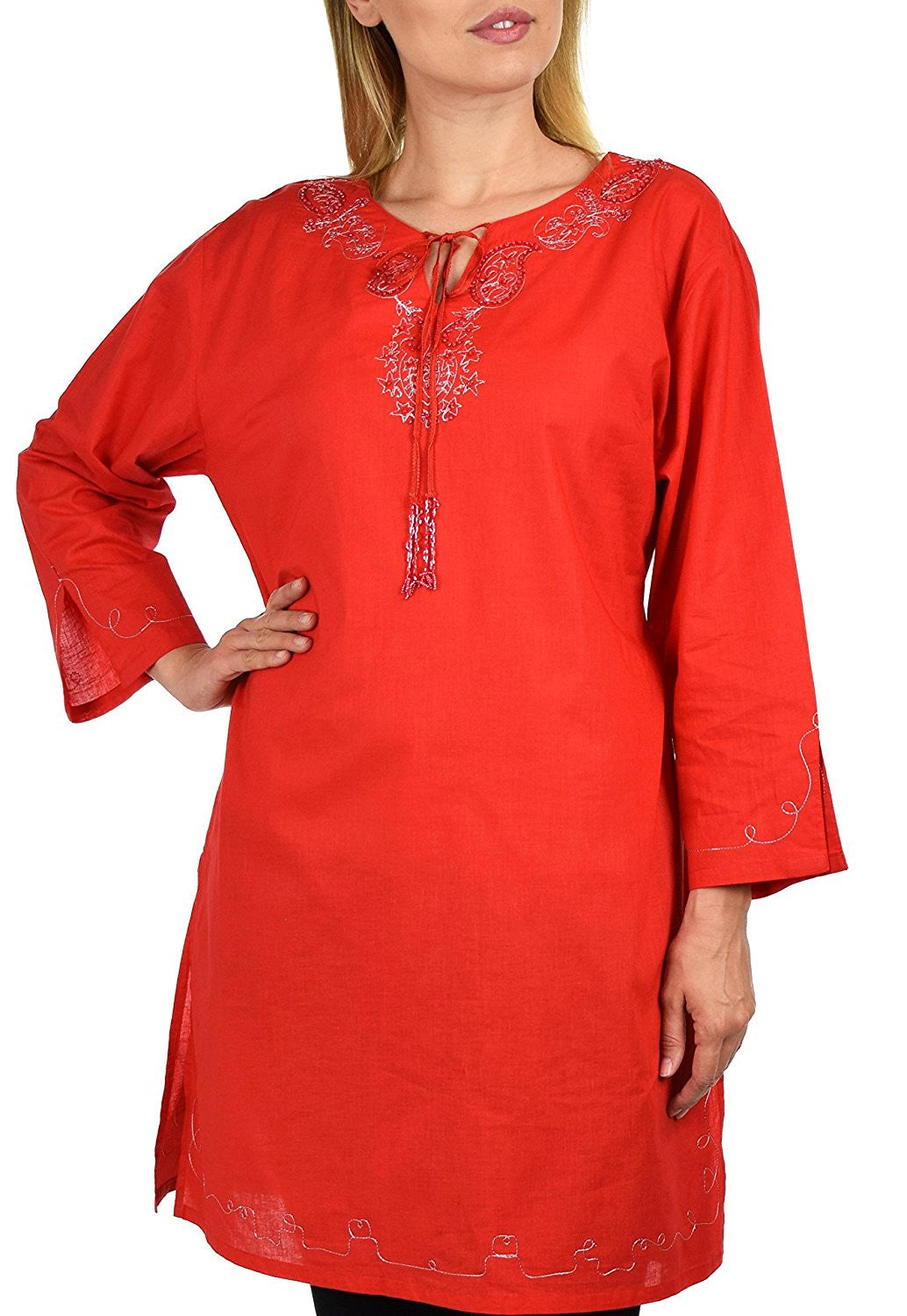Embroidered Cotton Blouse, Women Cotton Tunic, Cotton Summer Tunic, Cotton Beach Wear,  Shirt Top w/ Drawstring Neck Reg and Plus Sizes