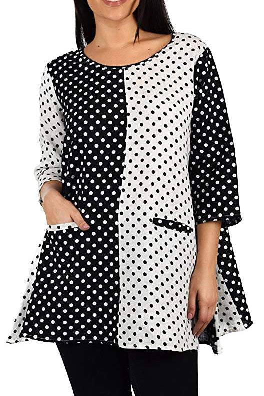 Zopali Women's 100% Linen Polka Dot Loose Fitting Tunic Top w/Front Pockets