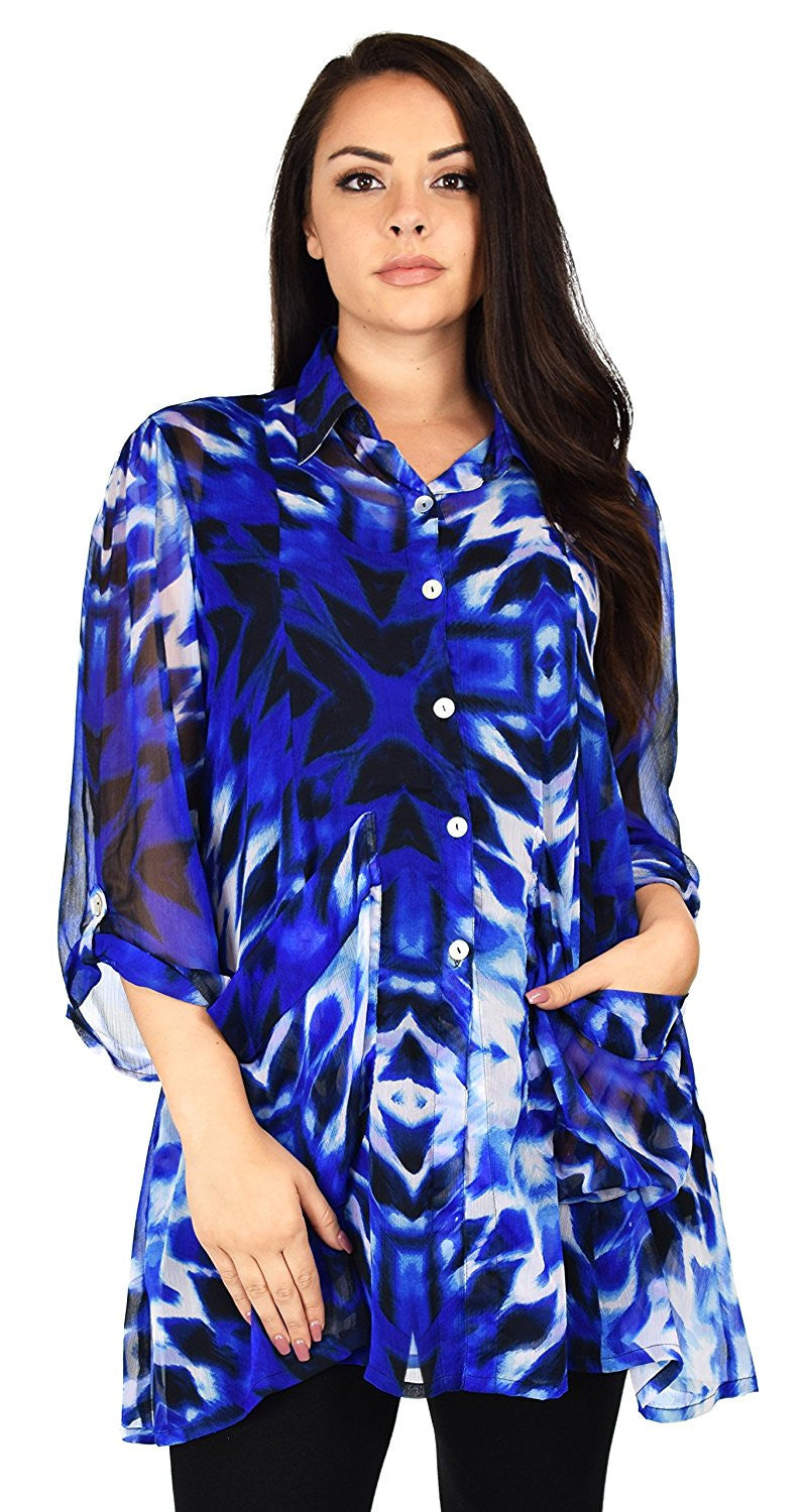Button Down Semi-Sheer Tunic Blouse Shirt w/ Roll Up Sleeves