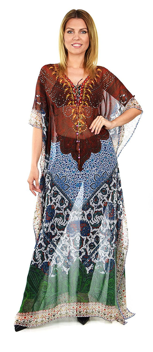 Semi Sheer Chiffon Digital Print Embellished Caftan Kaftan Rhinestone Work V Neck / Caftan Dress/ Cover Up