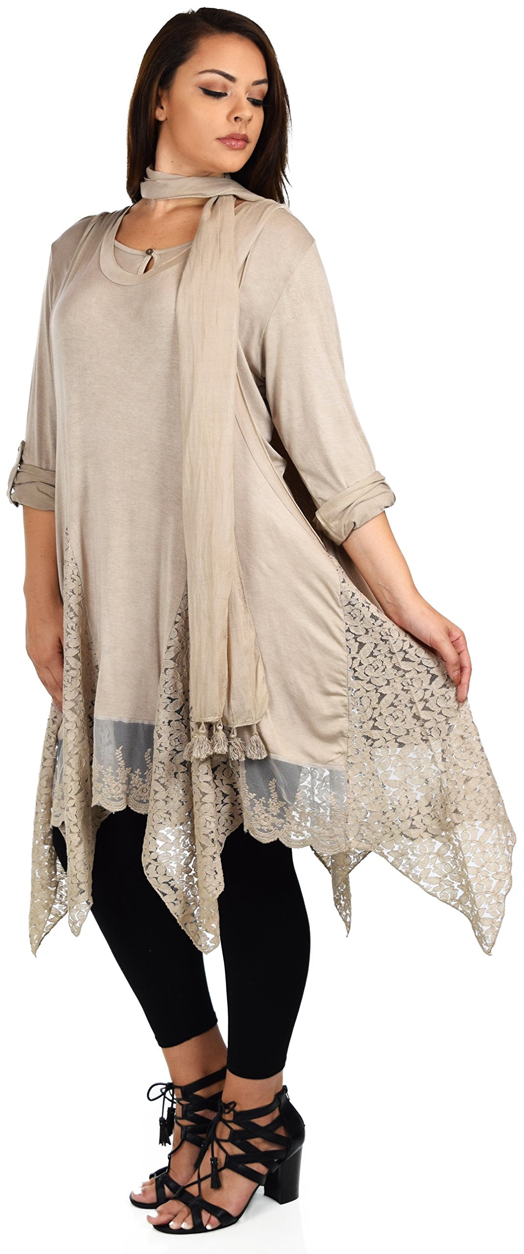 Dare2bStylish Women Plus Size Asymmetrical Lace Tunic Blouse Top Set with Scarf, 3 pc tunic set, Plus size tunic set