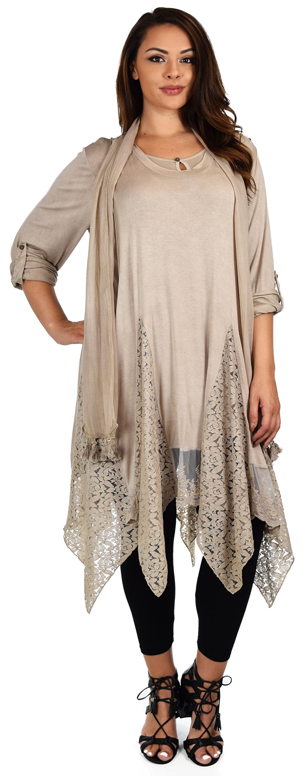 Dare2bStylish Women Plus Size Asymmetrical Lace Tunic Blouse Top Set with Scarf, 3 pc tunic set, Plus size tunic set