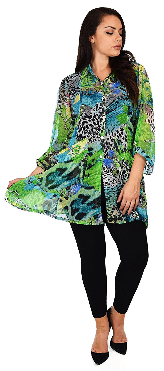 Button Down Semi-Sheer Tunic Blouse Shirt w/ Roll Up Sleeves