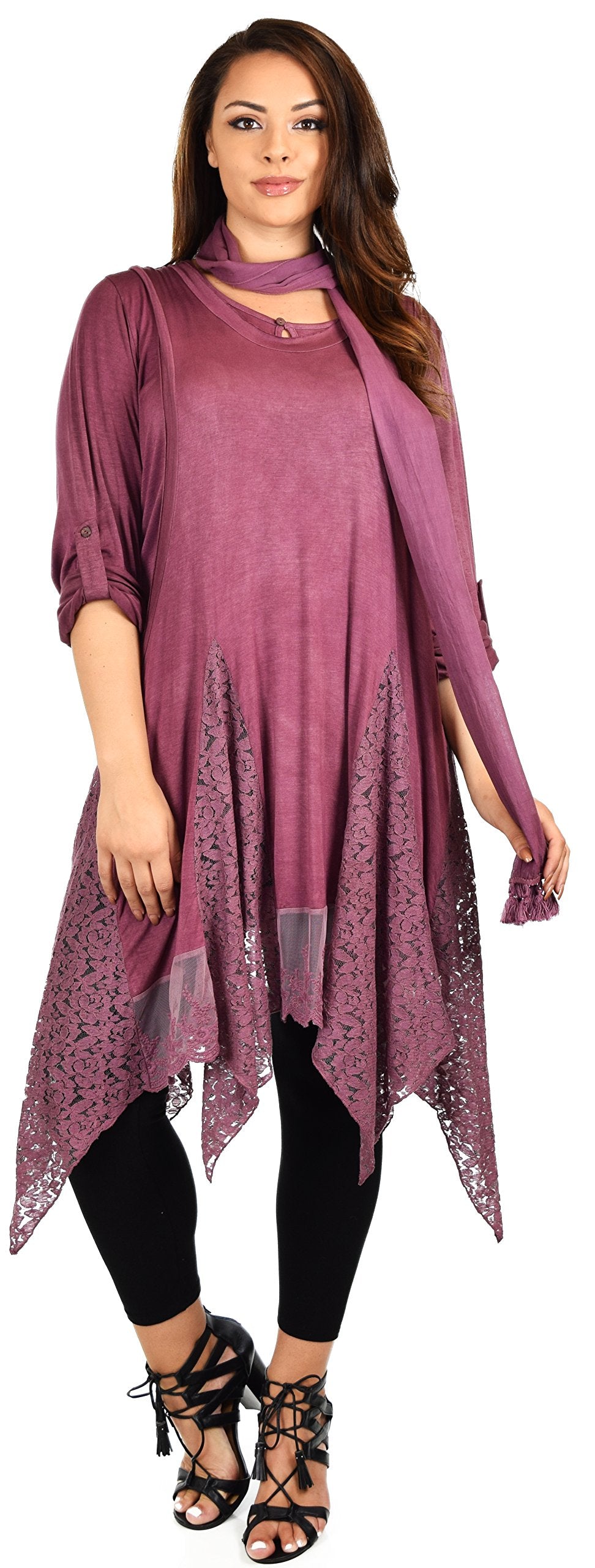 Dare2bStylish Women Plus Size Asymmetrical Lace Tunic Blouse Top Set with Scarf, 3 pc tunic set, Plus size tunic set