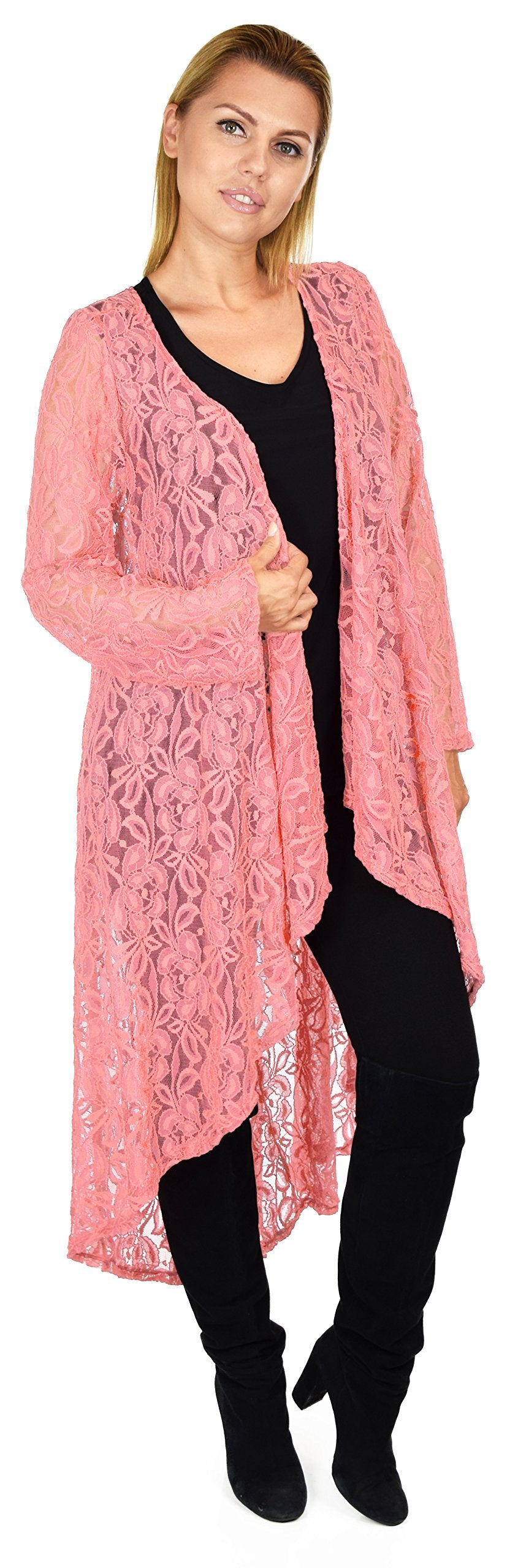 Dare2bStylish Women Plus Size High Low Open Front Lace Duster Cardigan Jacket