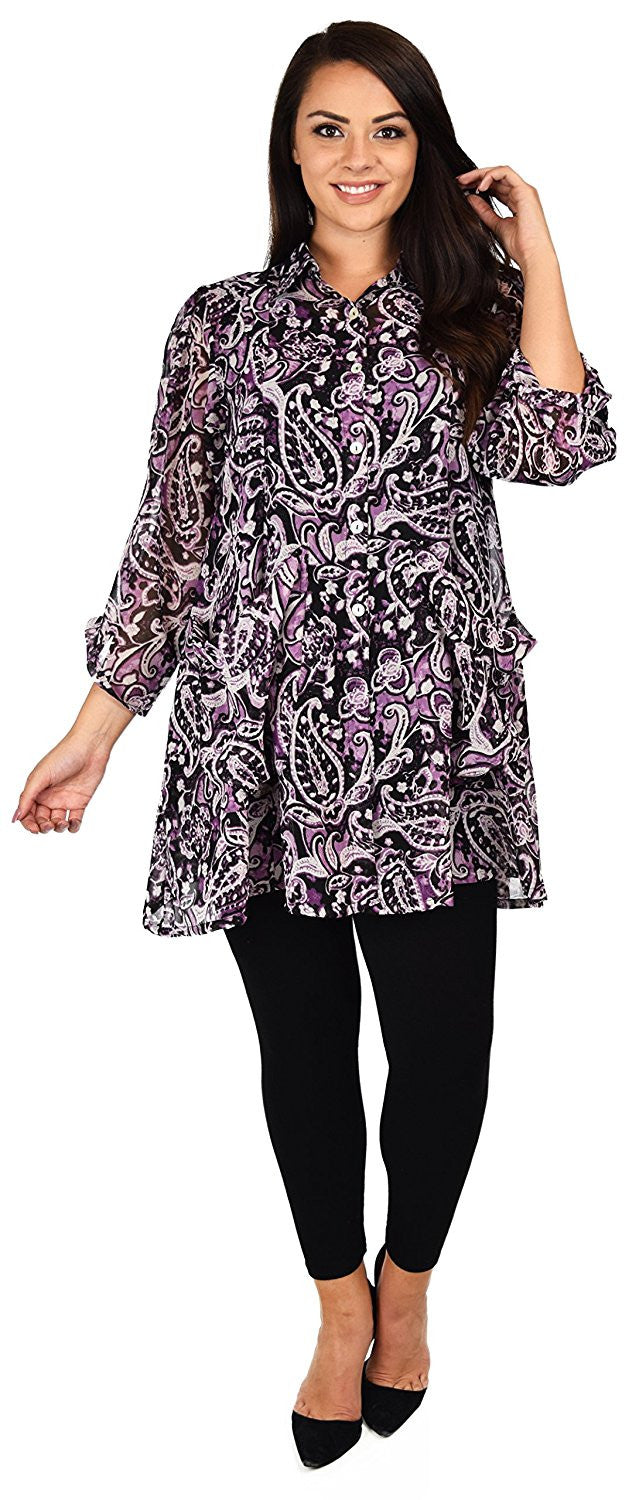 Button Down Semi-Sheer Tunic Blouse Shirt w/ Roll Up Sleeves
