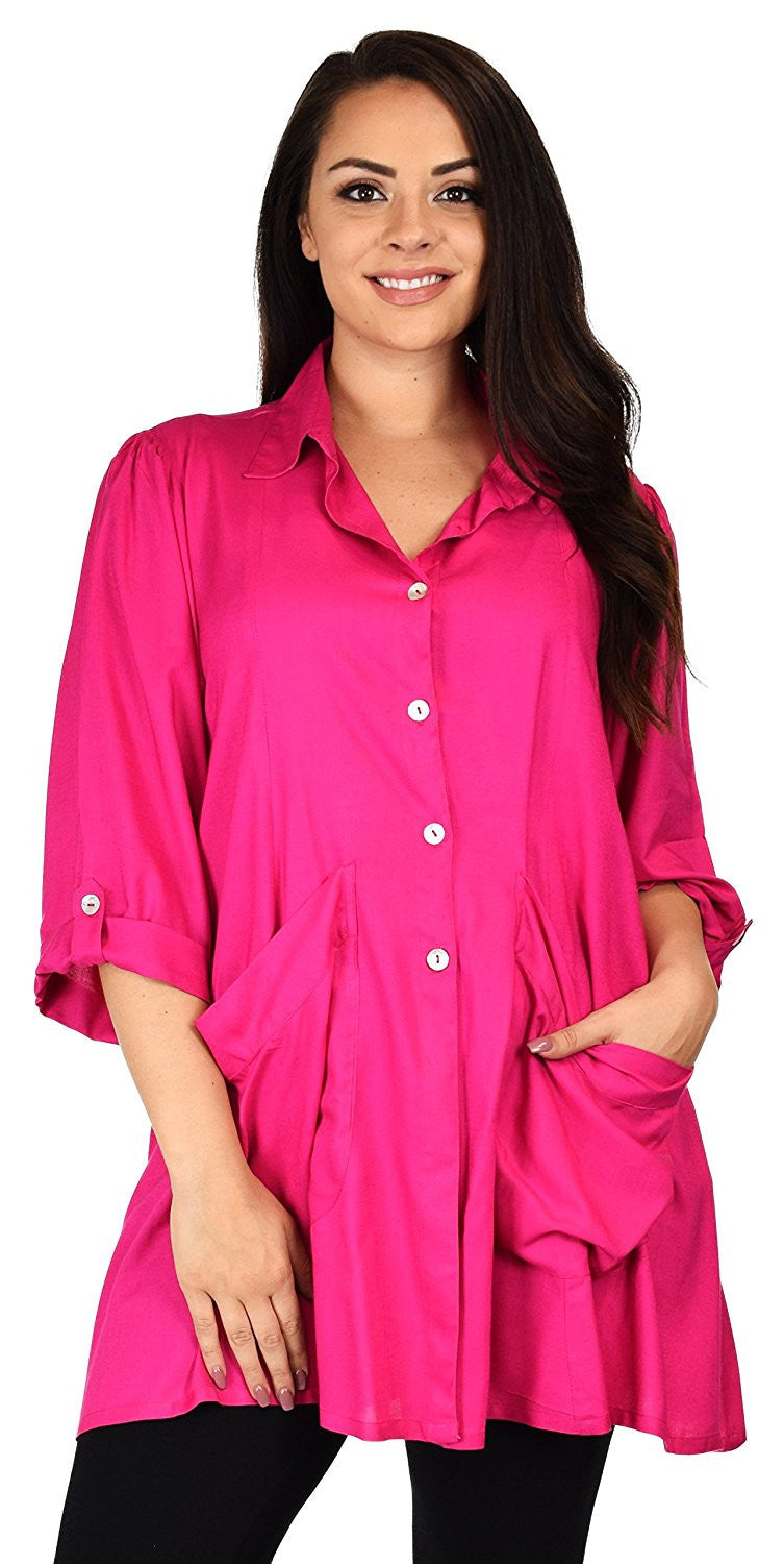Button Down Tunic Blouse Shirt w/ Roll Up Sleeves