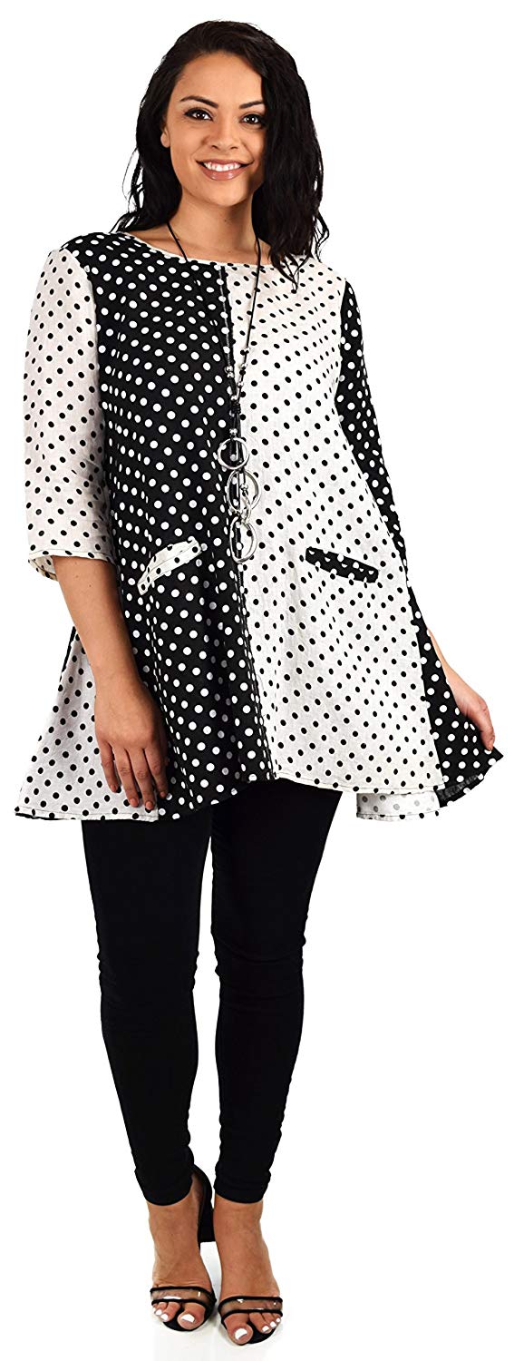 Zopali Women's 100% Linen Polka Dot Loose Fitting Tunic Top w/Front Pockets