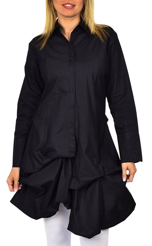 Puckered Look Button Down Uneven Swing Dress Shirt Top Plus Sizes