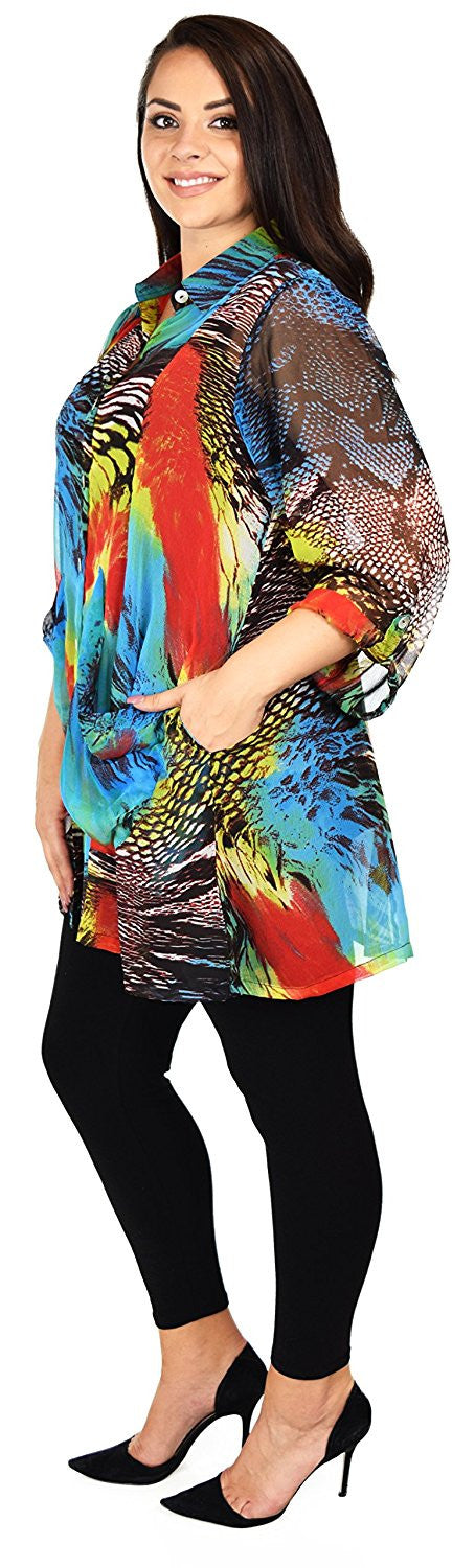 Button Down Semi-Sheer Tunic Blouse Shirt w/ Roll Up Sleeves