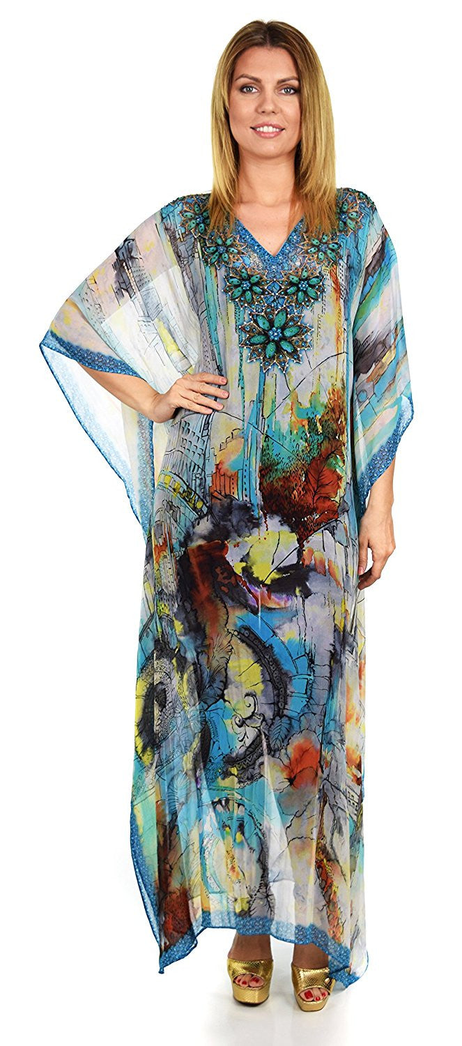 Summer Chiffon Kaftan w/ Embellished Rhinestone Work V Neck | Caftan Dress | Cover Up