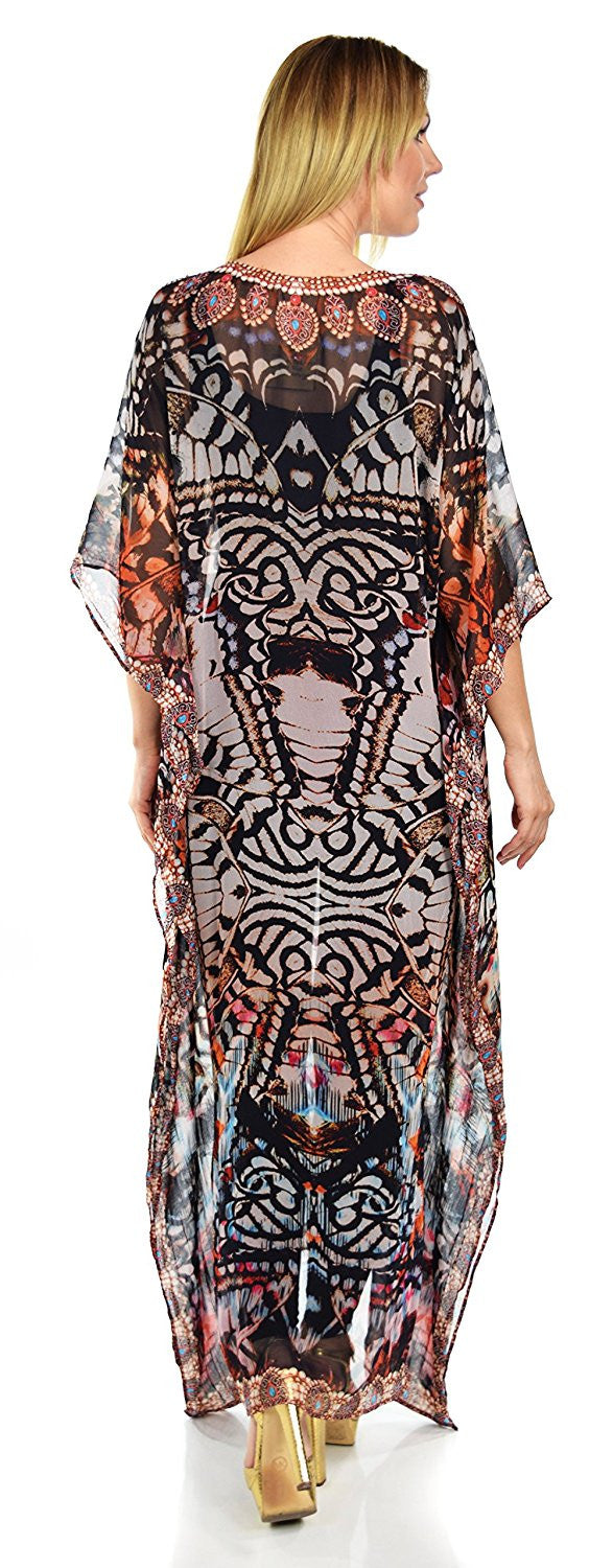 Summer Chiffon Kaftan w/ Embellished Rhinestone Work V Neck | Caftan Dress | Cover Up
