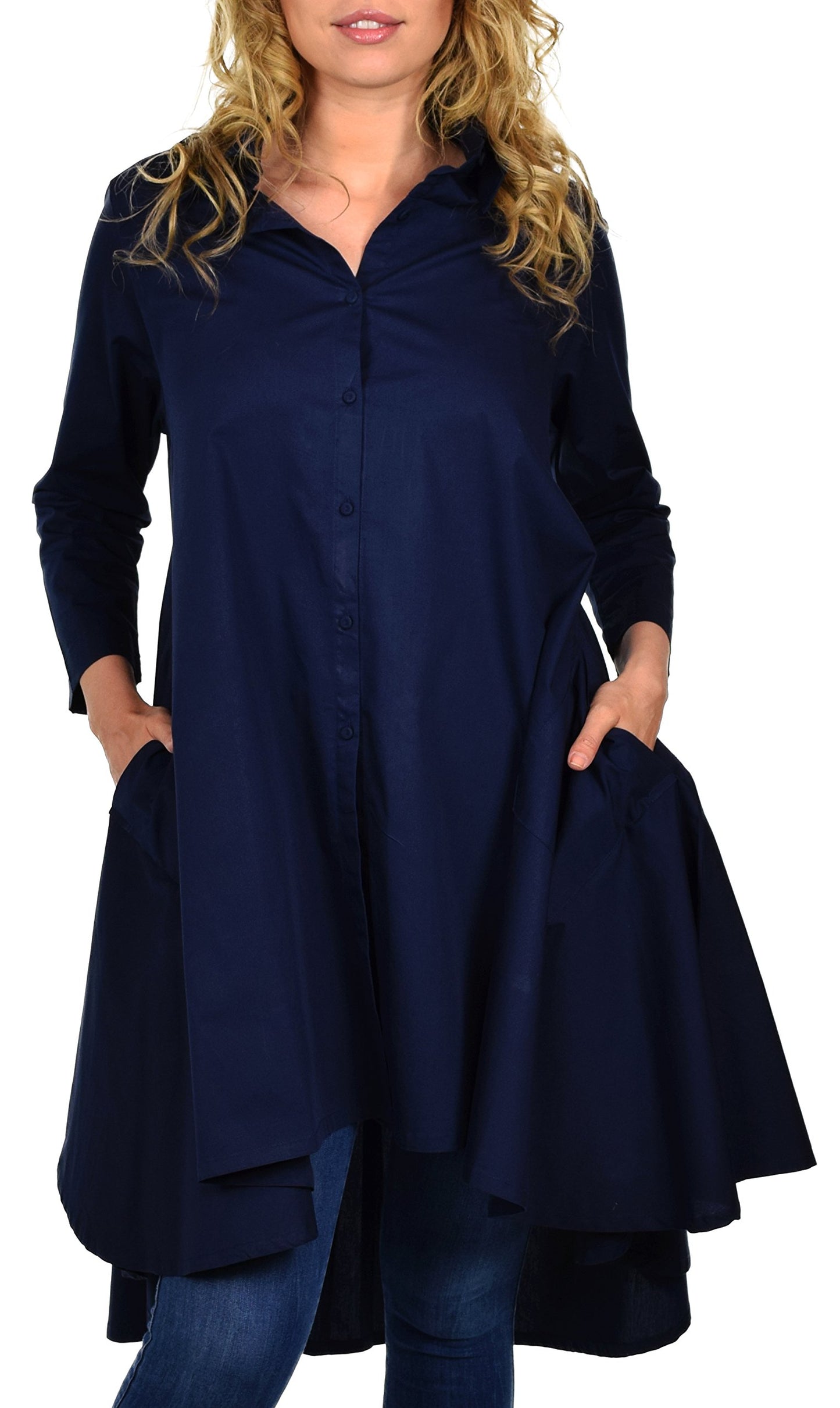 Hi Low Button Down A Line Swing Dress Shirt Top Reg and Plus Sizes
