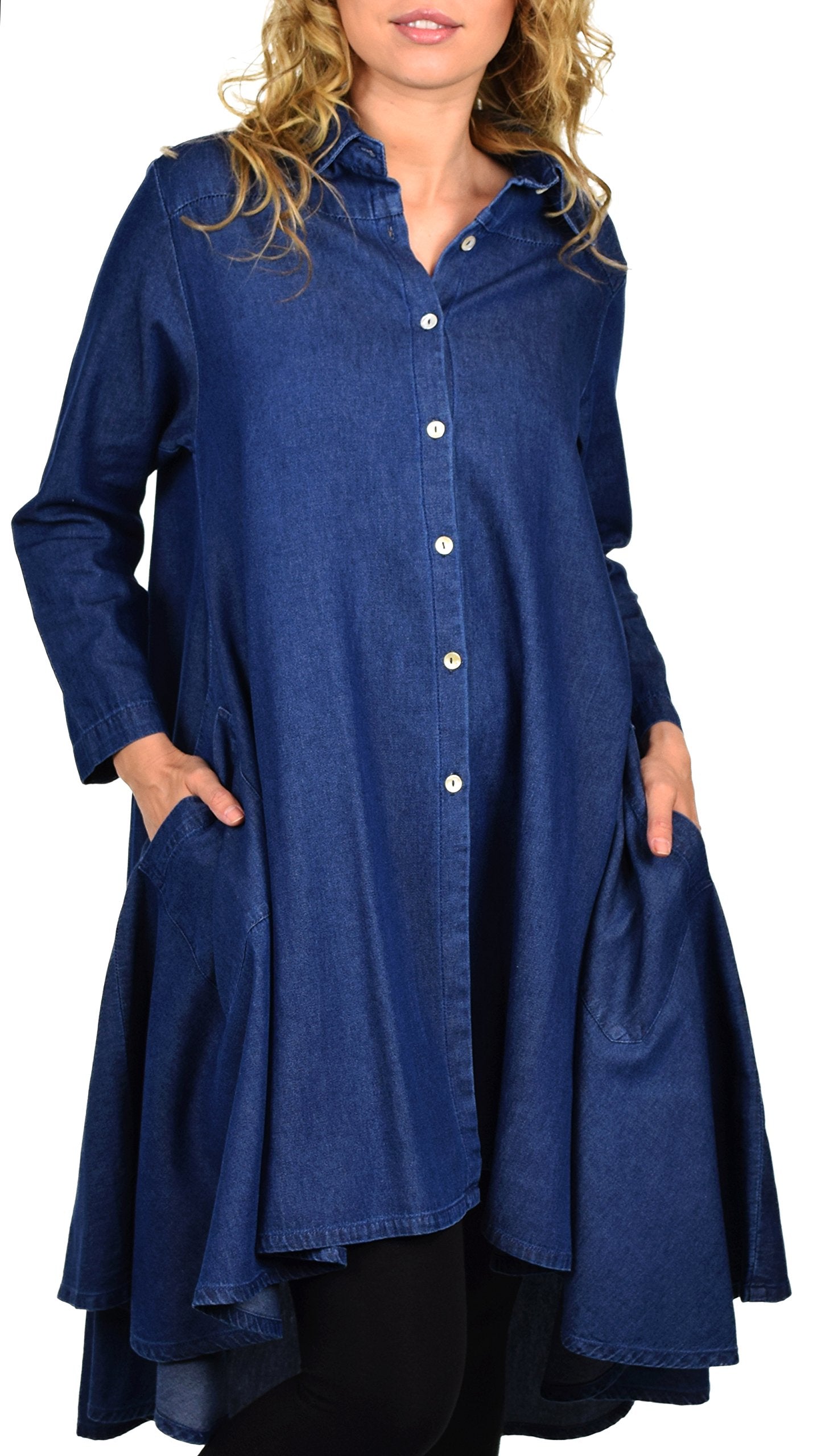 Hi Low Button Down A Line Swing Dress Shirt Top Reg and Plus Sizes