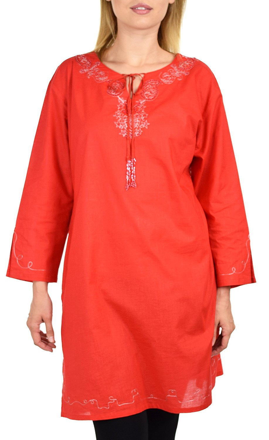 Embroidered Cotton Blouse, Women Cotton Tunic, Cotton Summer Tunic, Cotton Beach Wear,  Shirt Top w/ Drawstring Neck Reg and Plus Sizes