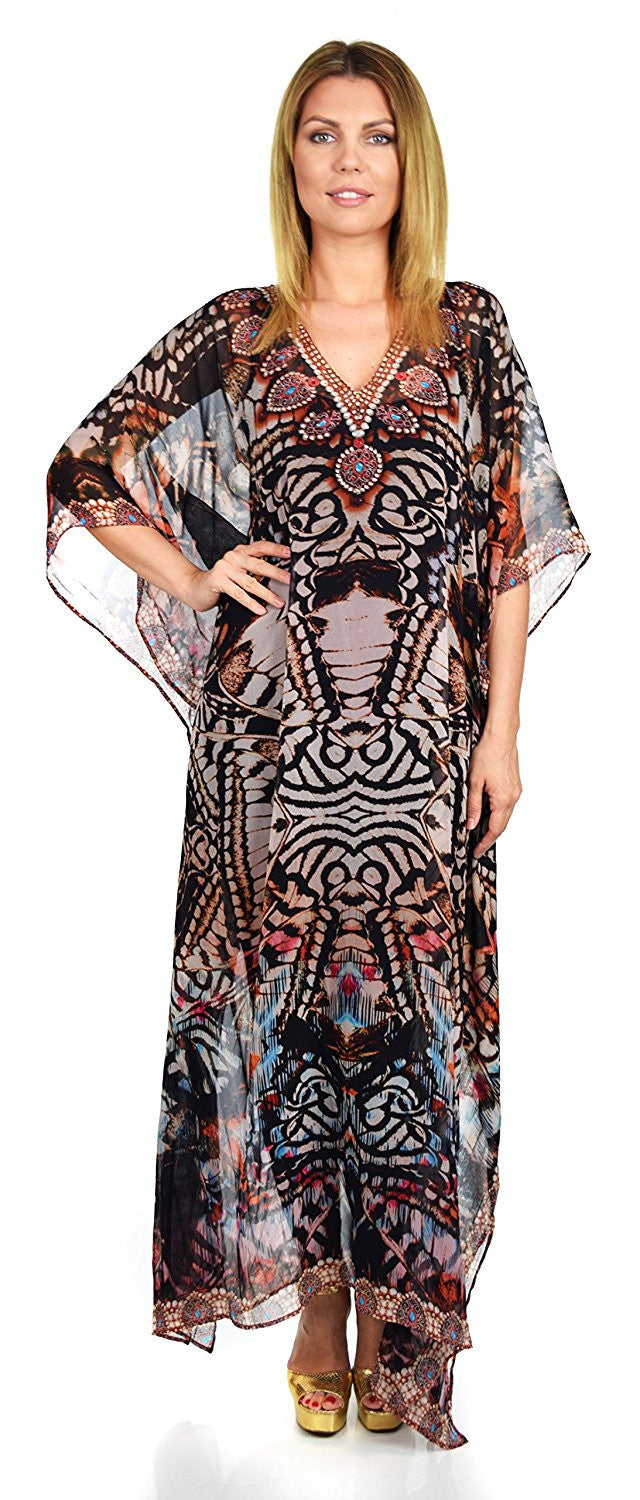 Summer Chiffon Kaftan w/ Embellished Rhinestone Work V Neck | Caftan Dress | Cover Up