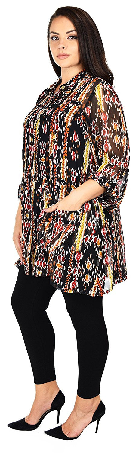 Button Down Semi-Sheer Tunic Blouse Shirt w/ Roll Up Sleeves