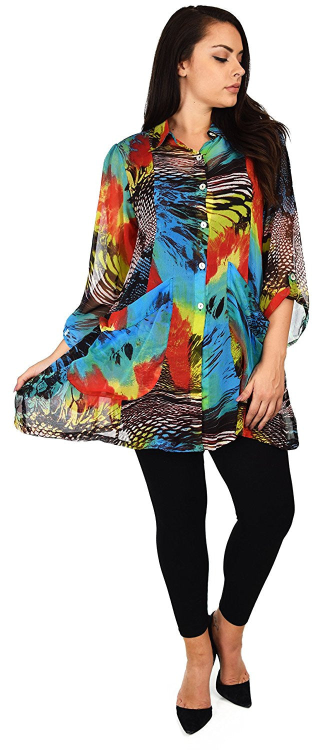 Button Down Semi-Sheer Tunic Blouse Shirt w/ Roll Up Sleeves
