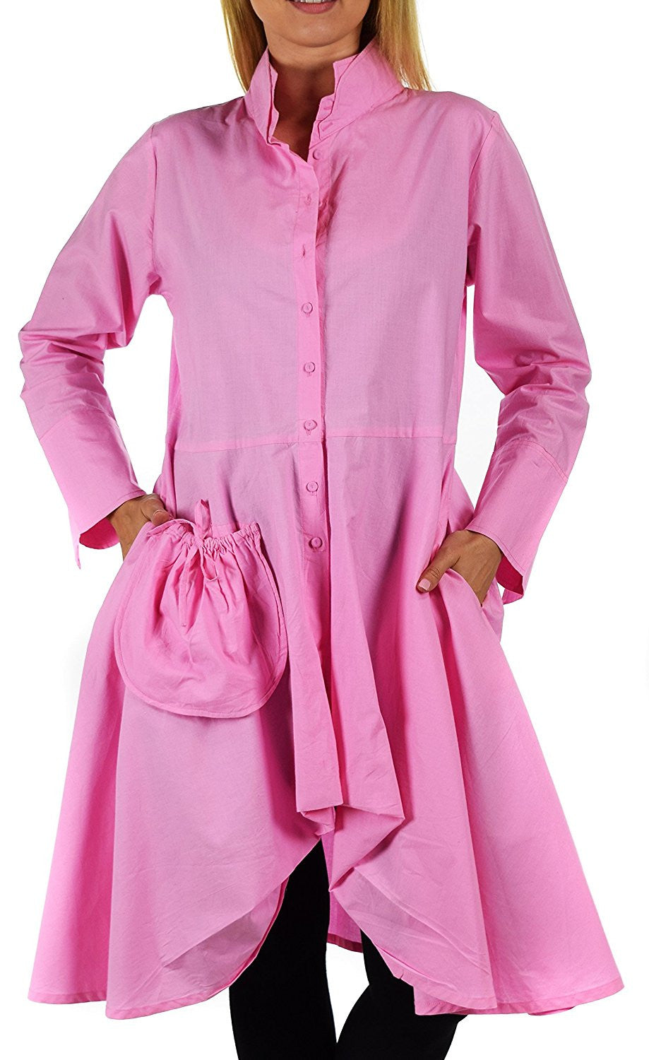 Hi Lo Banded Collar Button Down A Line Swing Dress Shirt Top