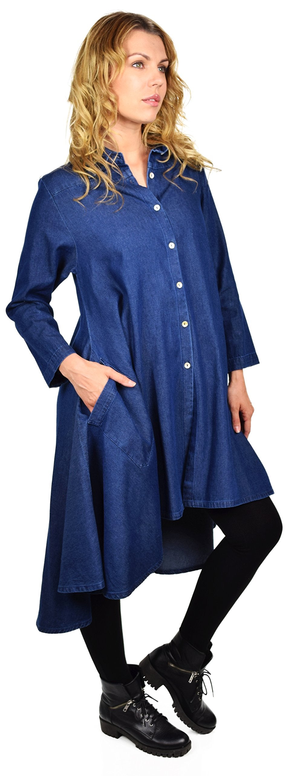 Hi Low Button Down A Line Swing Dress Shirt Top Reg and Plus Sizes