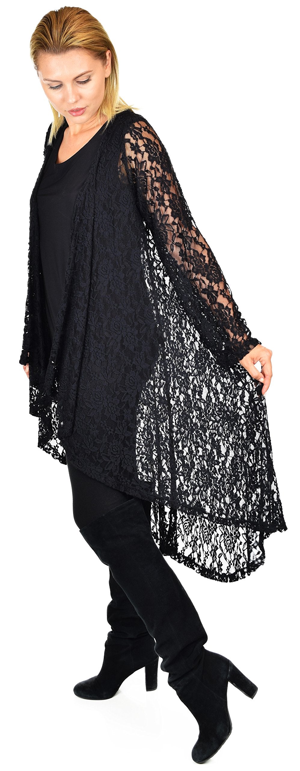 Dare2bStylish Women Plus Size High Low Open Front Lace Duster Cardigan Jacket