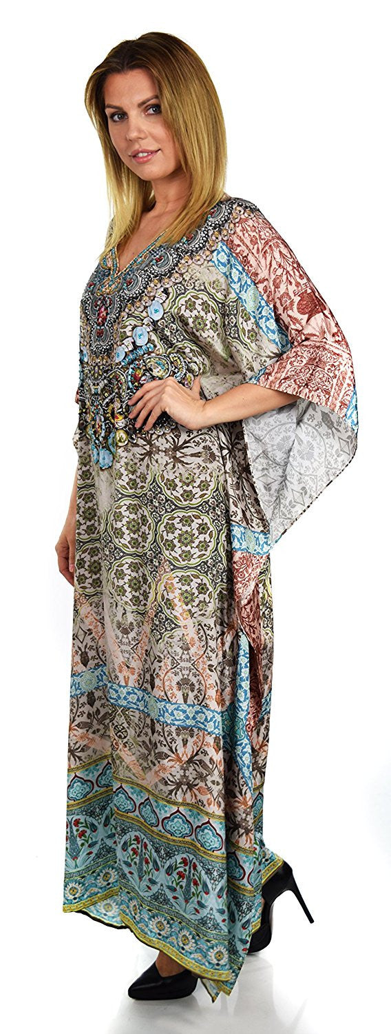 Summer Chiffon Kaftan w/ Embellished Rhinestone Work V Neck | Caftan Dress | Cover Up