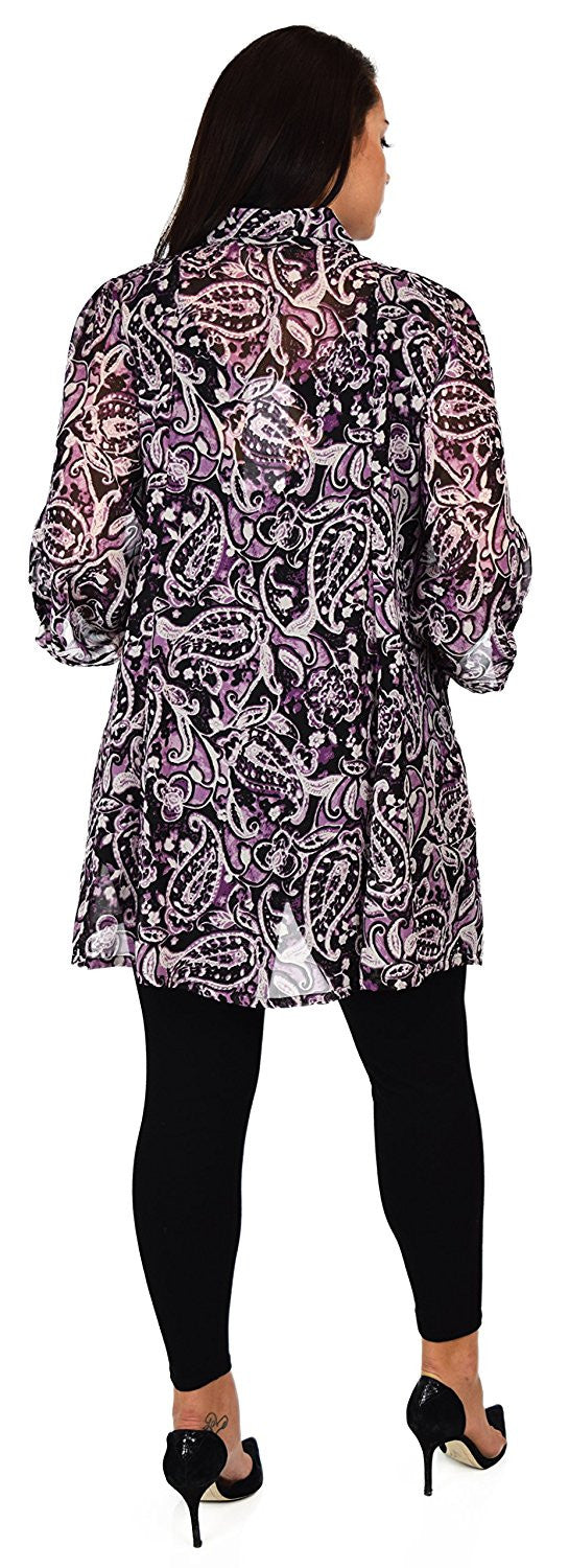 Button Down Semi-Sheer Tunic Blouse Shirt w/ Roll Up Sleeves