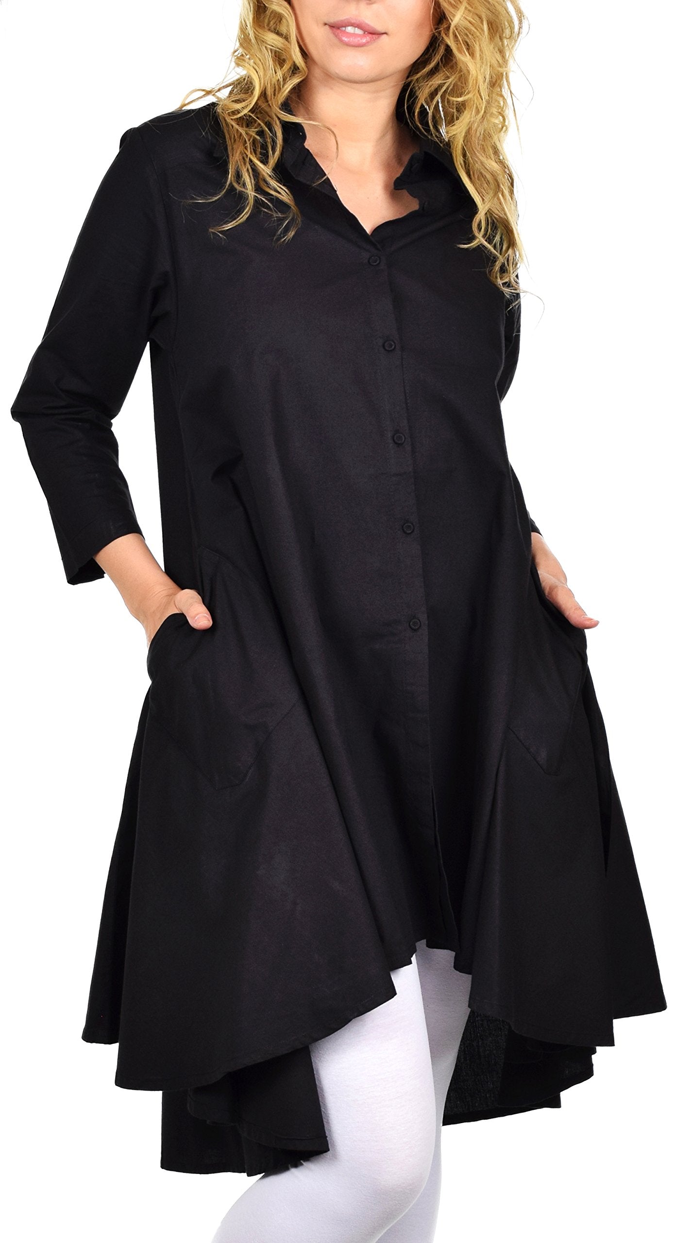 Hi Low Button Down A Line Swing Dress Shirt Top Reg and Plus Sizes