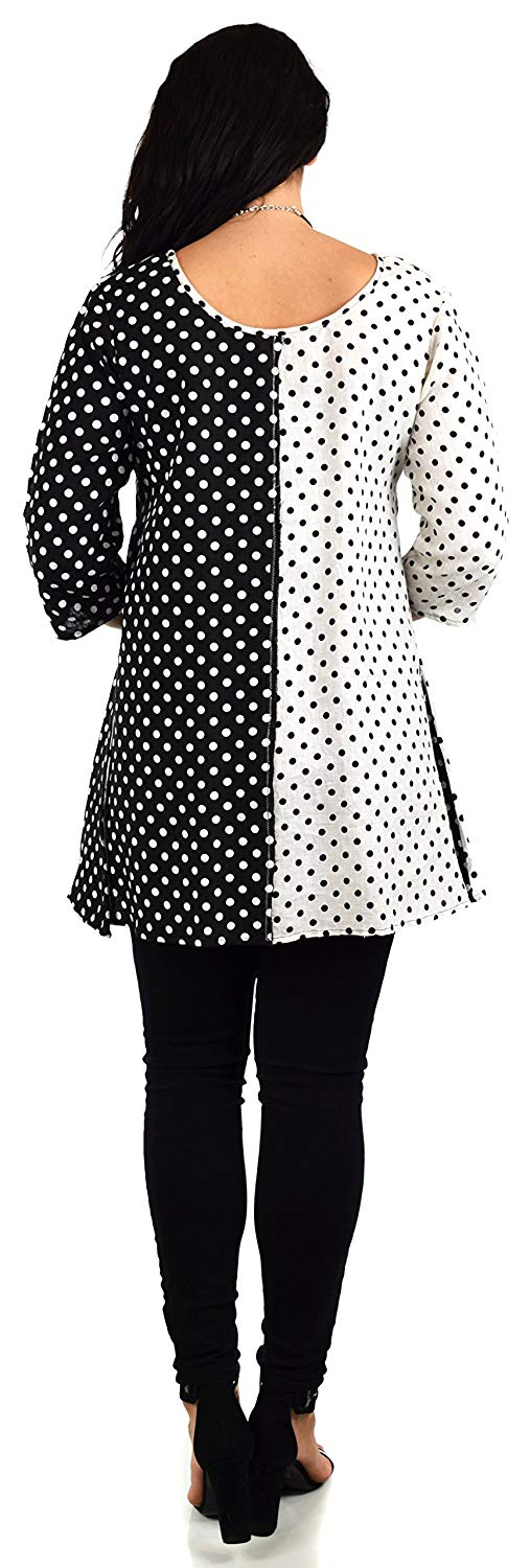 Zopali Women's 100% Linen Polka Dot Loose Fitting Tunic Top w/Front Pockets