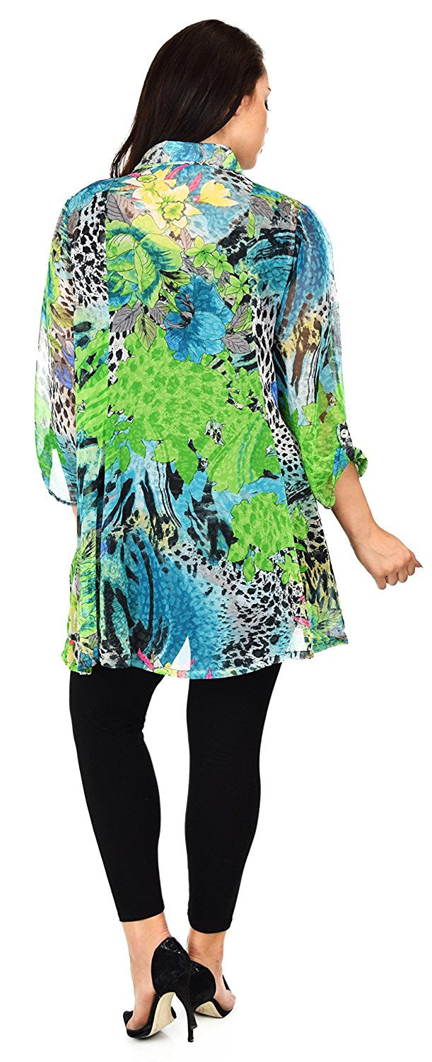 Button Down Semi-Sheer Tunic Blouse Shirt w/ Roll Up Sleeves