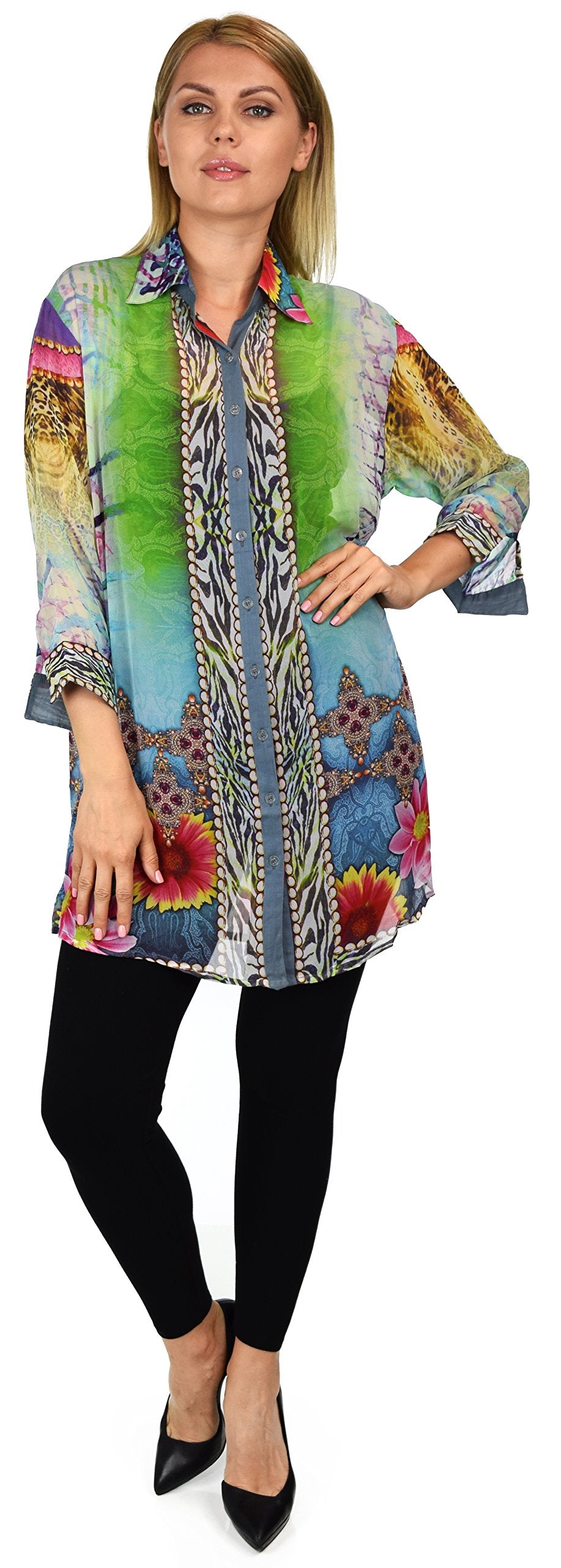 Artsy Semi Sheer Blouse, Chiffon Blouse,Button Down Blouse, Collared Exotic Print Shirt