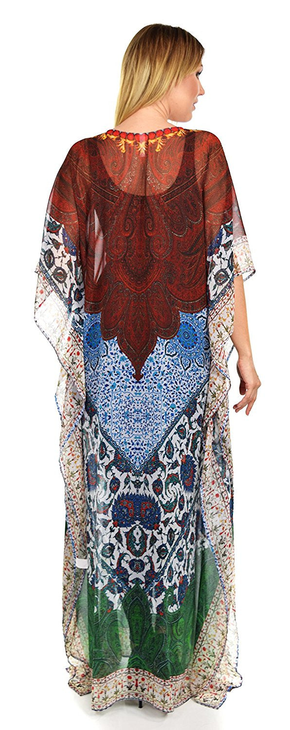 Semi Sheer Chiffon Digital Print Embellished Caftan Kaftan Rhinestone Work V Neck / Caftan Dress/ Cover Up