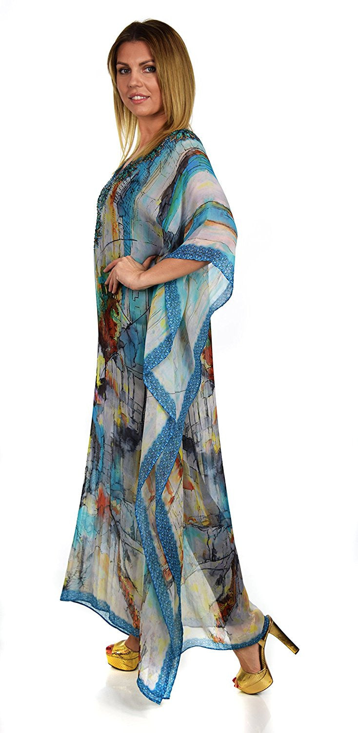 Summer Chiffon Kaftan w/ Embellished Rhinestone Work V Neck | Caftan Dress | Cover Up