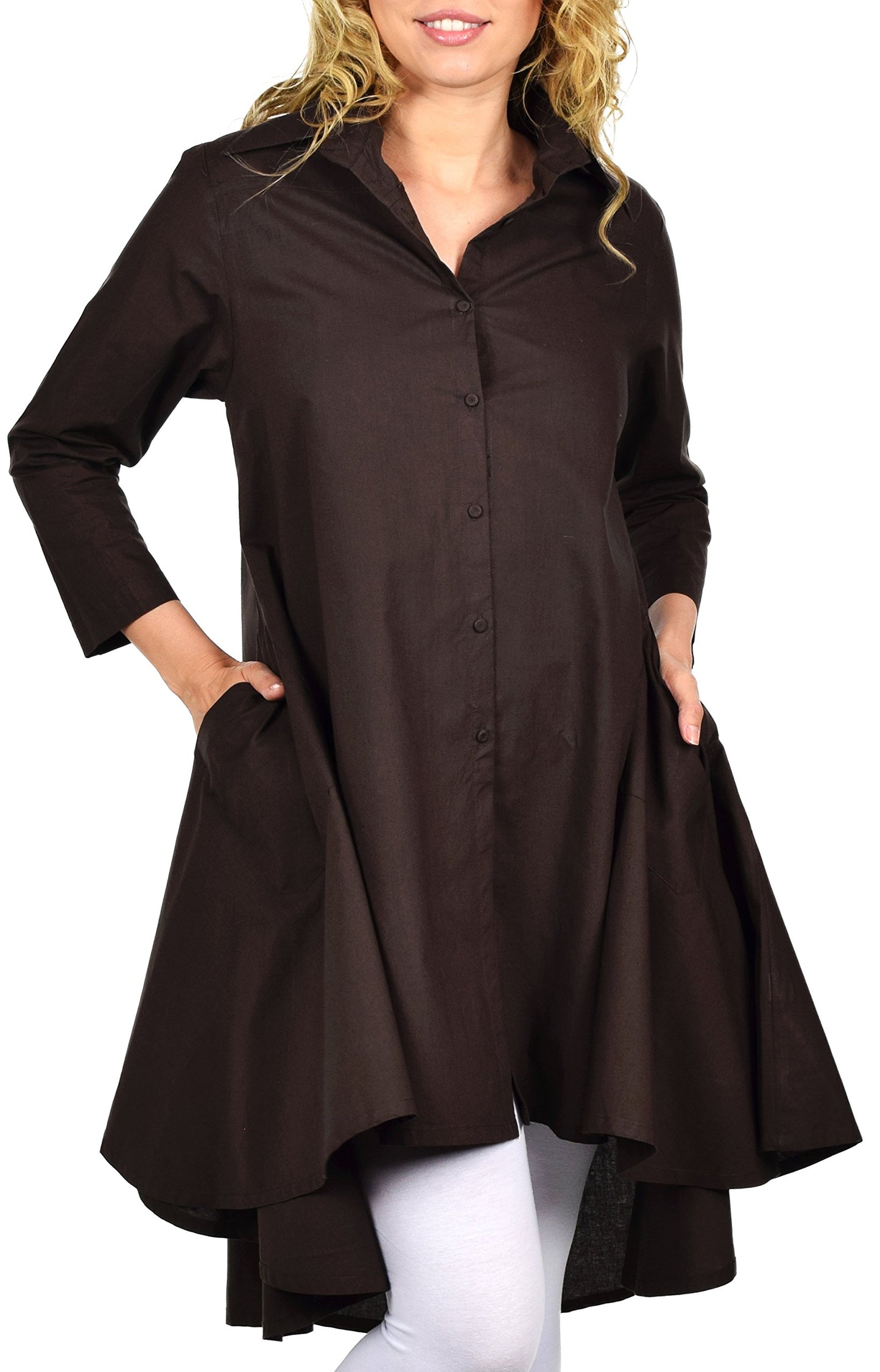 Hi Low Button Down A Line Swing Dress Shirt Top Reg and Plus Sizes
