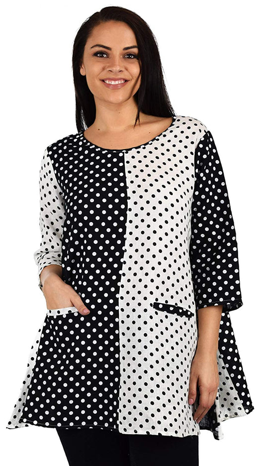 Zopali Women's 100% Linen Polka Dot Loose Fitting Tunic Top w/Front Pockets