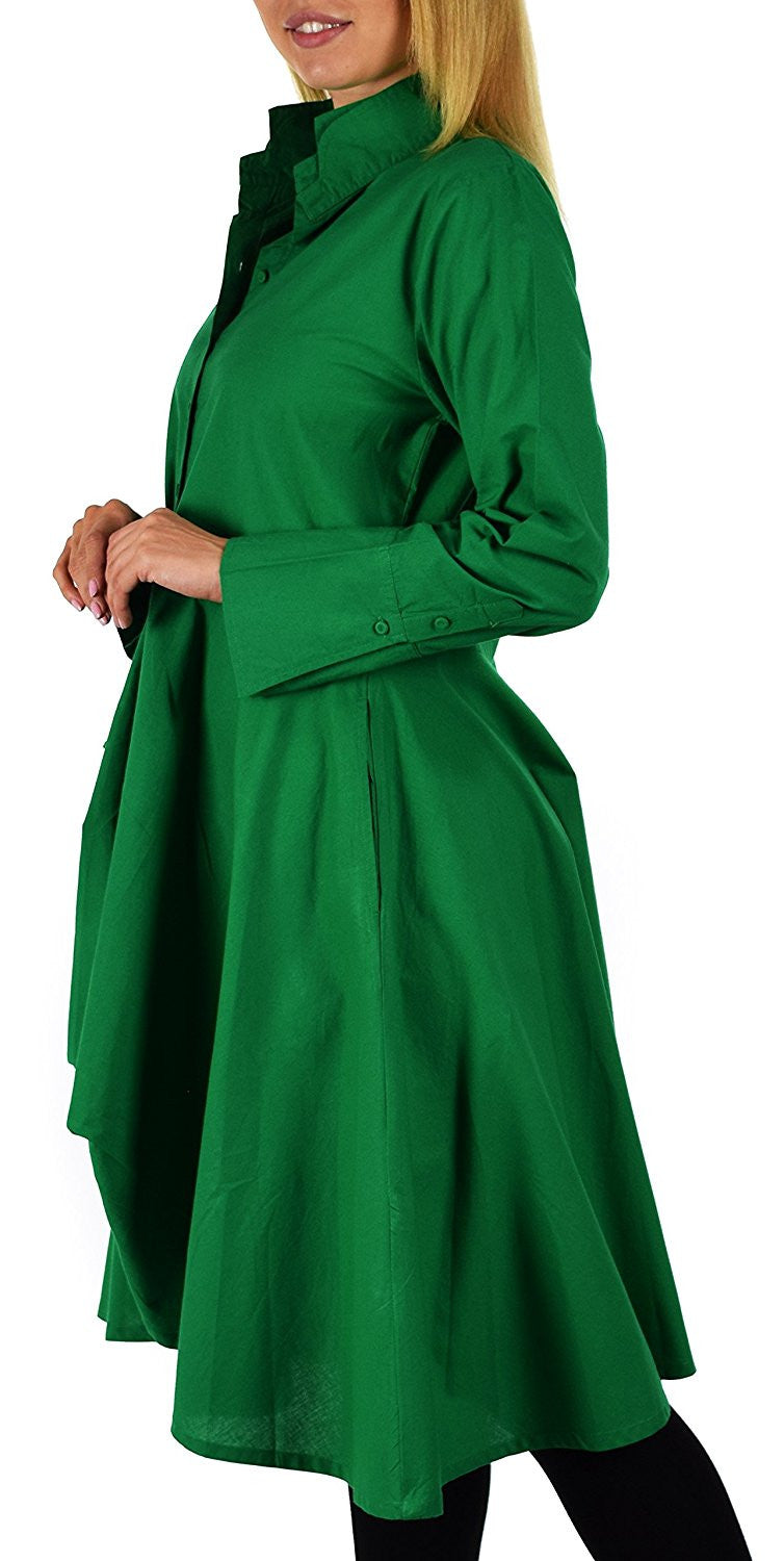 Hi Lo Banded Collar Button Down A Line Swing Dress Shirt Top