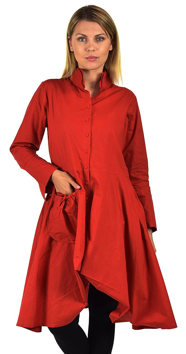 Hi Lo Banded Collar Button Down A Line Swing Dress Shirt Top