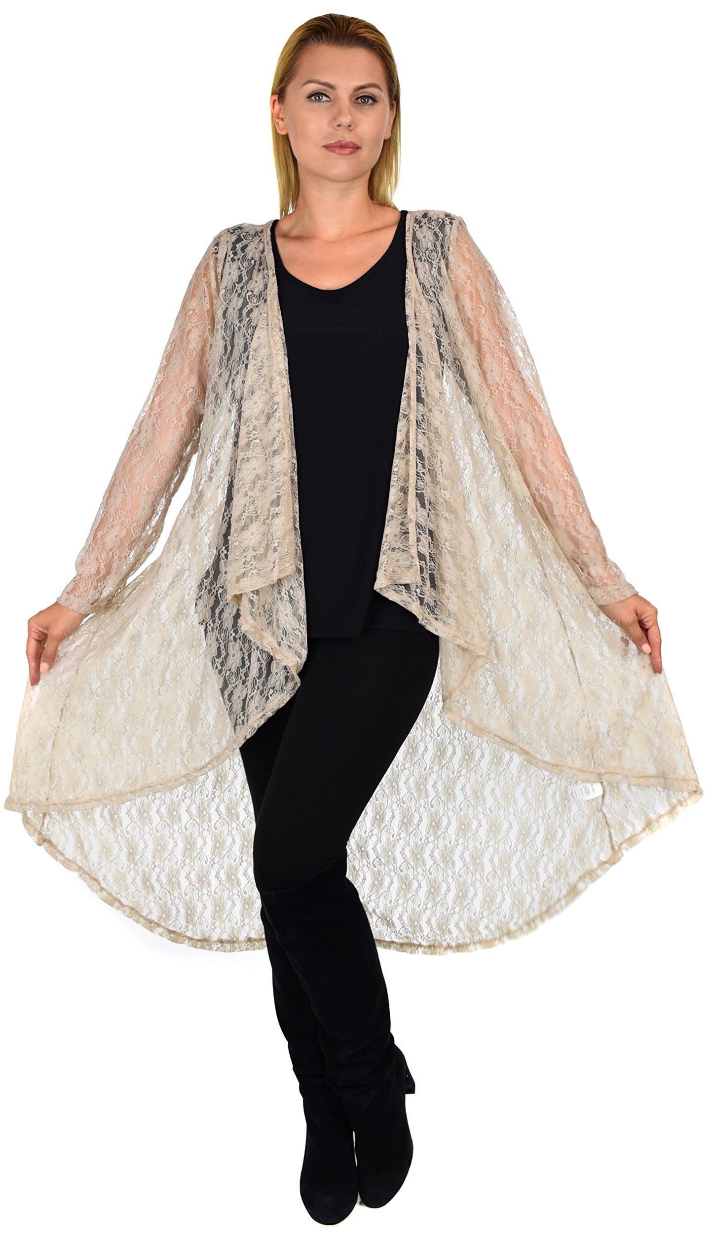 Dare2bStylish Women Plus Size High Low Open Front Lace Duster Cardigan Jacket