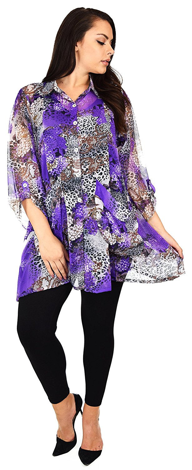 Button Down Semi-Sheer Tunic Blouse Shirt w/ Roll Up Sleeves