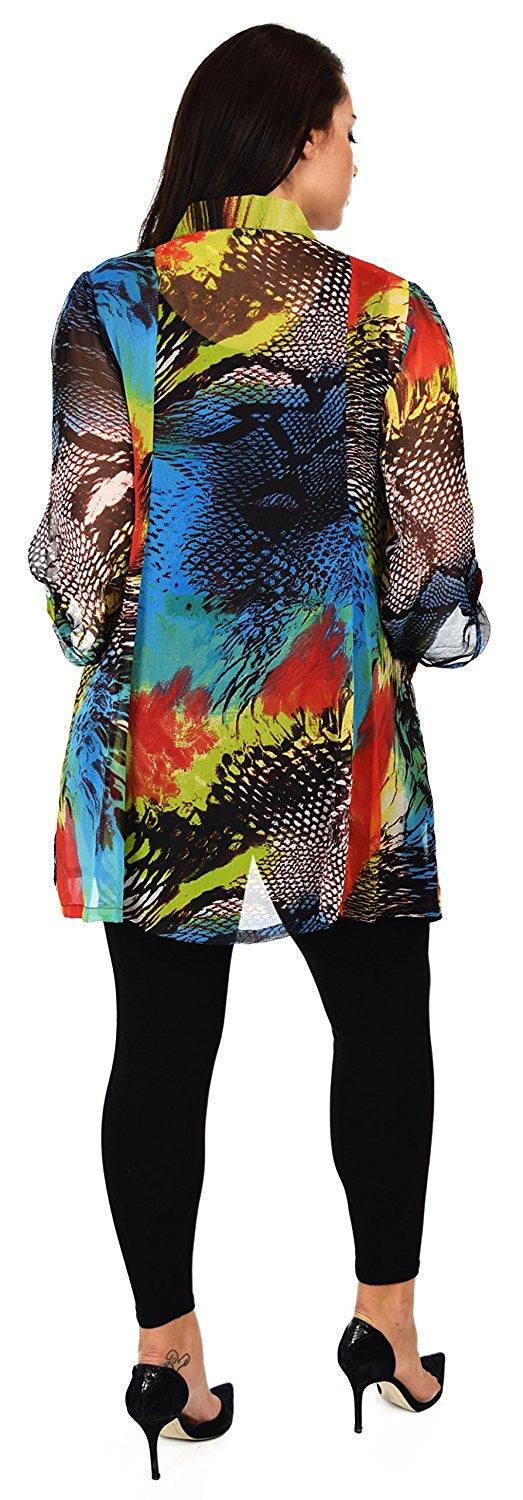 Button Down Semi-Sheer Tunic Blouse Shirt w/ Roll Up Sleeves