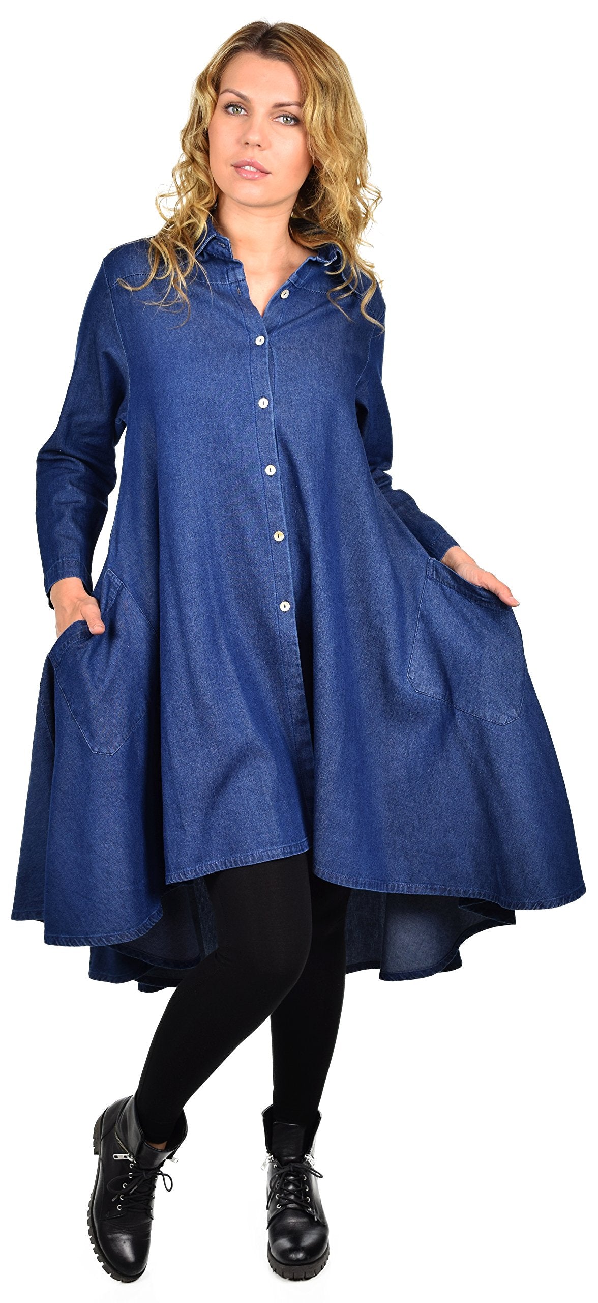Hi Low Button Down A Line Swing Dress Shirt Top Reg and Plus Sizes