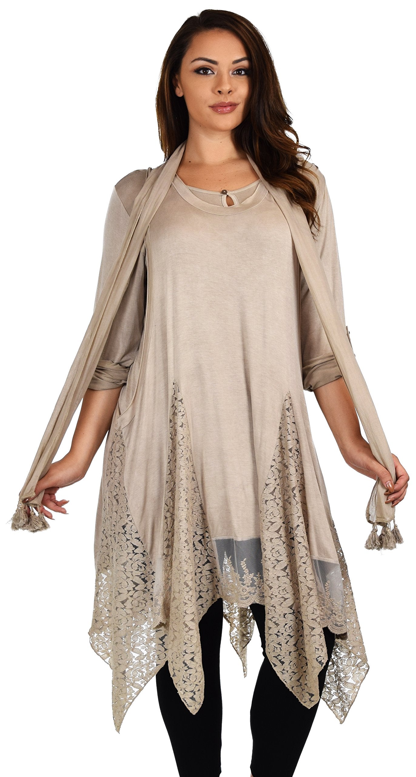 Dare2bStylish Women Plus Size Asymmetrical Lace Tunic Blouse Top Set with Scarf, 3 pc tunic set, Plus size tunic set