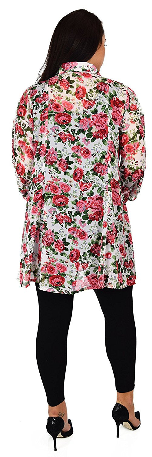 Button Down Semi-Sheer Tunic Blouse Shirt w/ Roll Up Sleeves