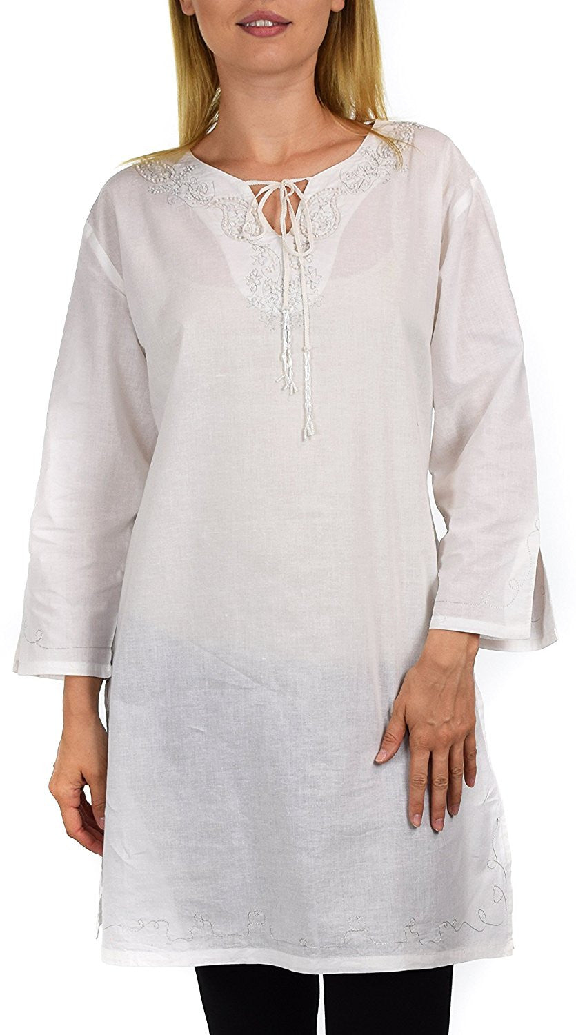Embroidered Cotton Blouse, Women Cotton Tunic, Cotton Summer Tunic, Cotton Beach Wear,  Shirt Top w/ Drawstring Neck Reg and Plus Sizes