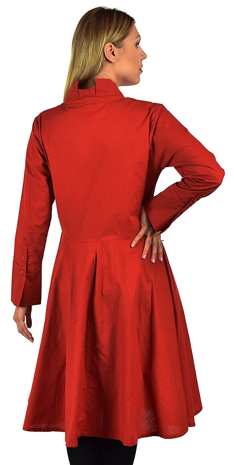 Hi Lo Banded Collar Button Down A Line Swing Dress Shirt Top