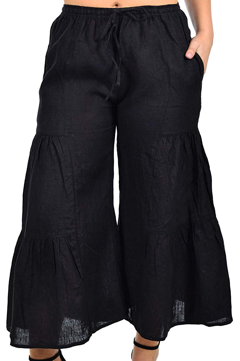 Zopali Women's Linen Boho Wide Leg 3 Tier Flared Bell Bottom Pants | Reg & Plus Sizes