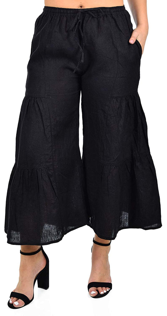 Zopali Women's Linen Boho Wide Leg 3 Tier Flared Bell Bottom Pants | Reg & Plus Sizes